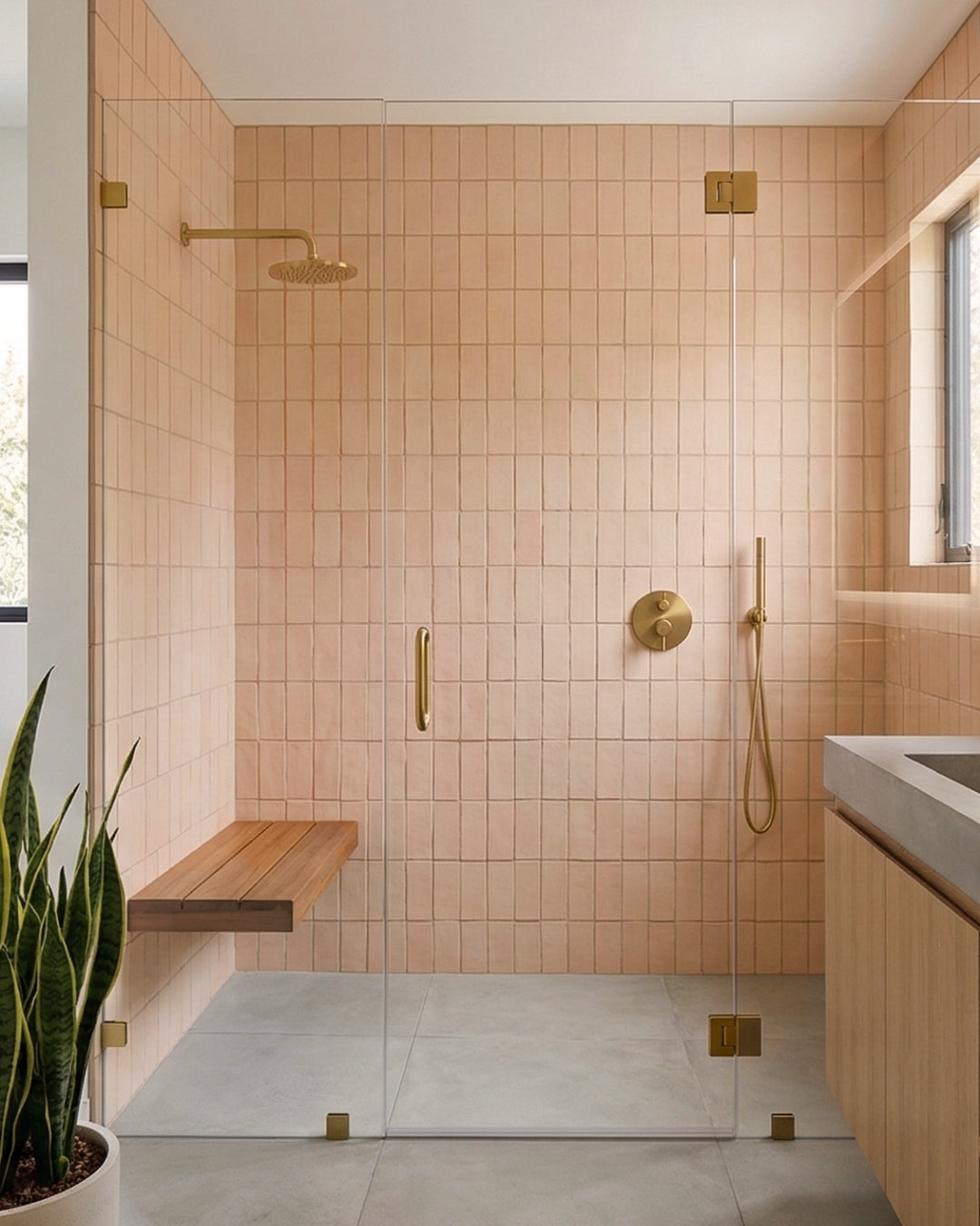Limestone-colored rectangular clay tiles by Clay Imports, installed vertically on shower walls with brass fittings and a wooden bench.