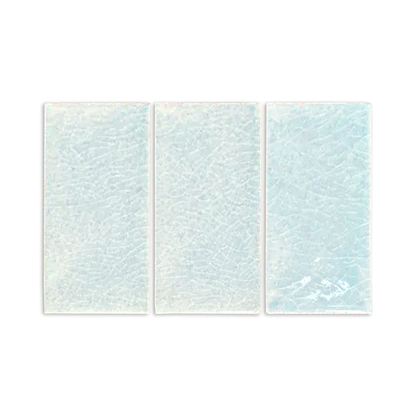 Three light blue Rain Crackle Gloss sample tiles by Clay Imports, featuring a crackled texture.