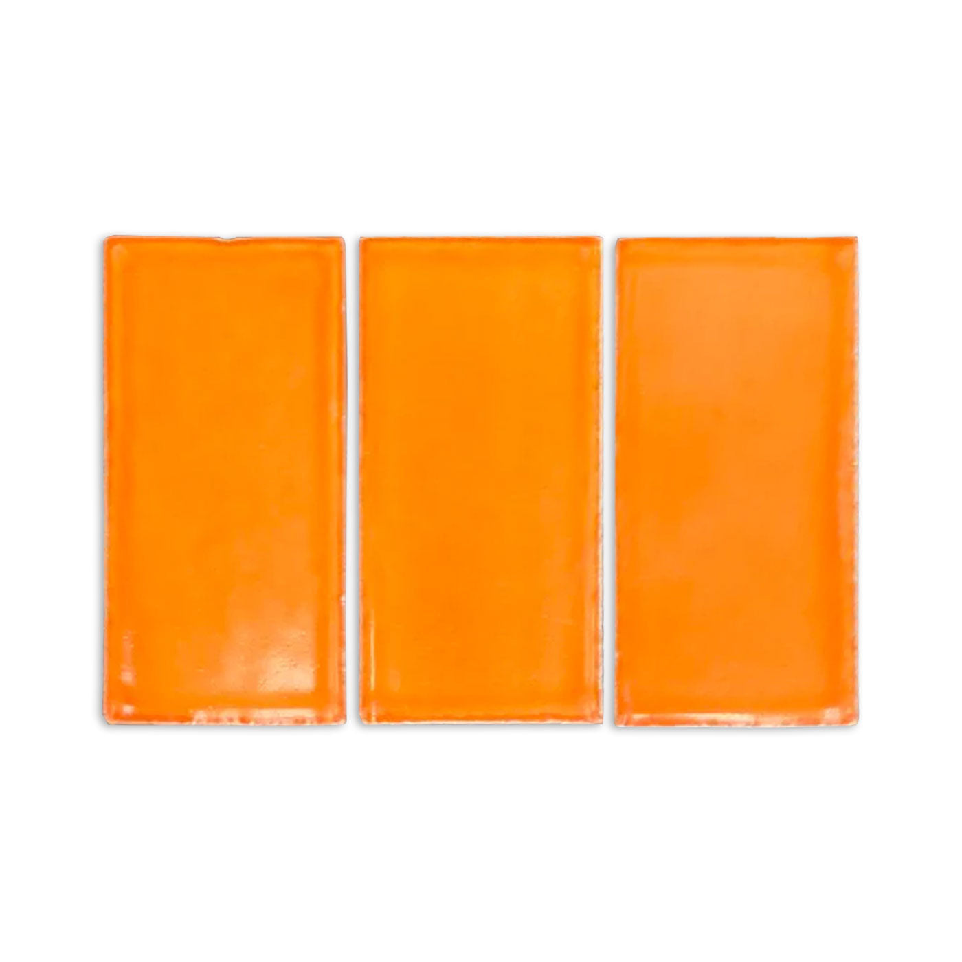 Three rectangular orange Sherbet Gloss samples by Clay Imports, featuring a glossy finish and subtle edge imperfections, on white.