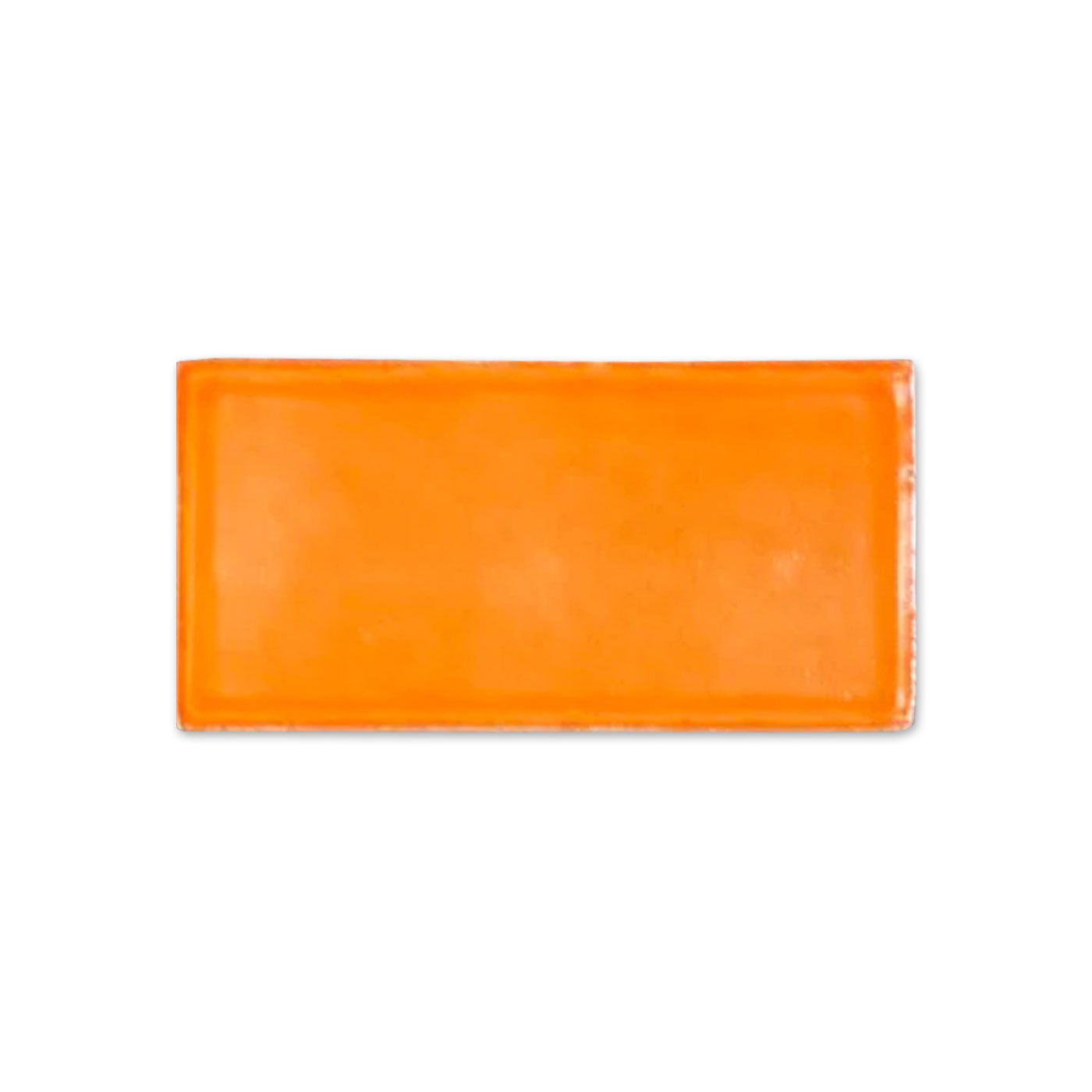 Orange gloss sample tile by Clay Imports, rectangular with slightly irregular edges on white background.