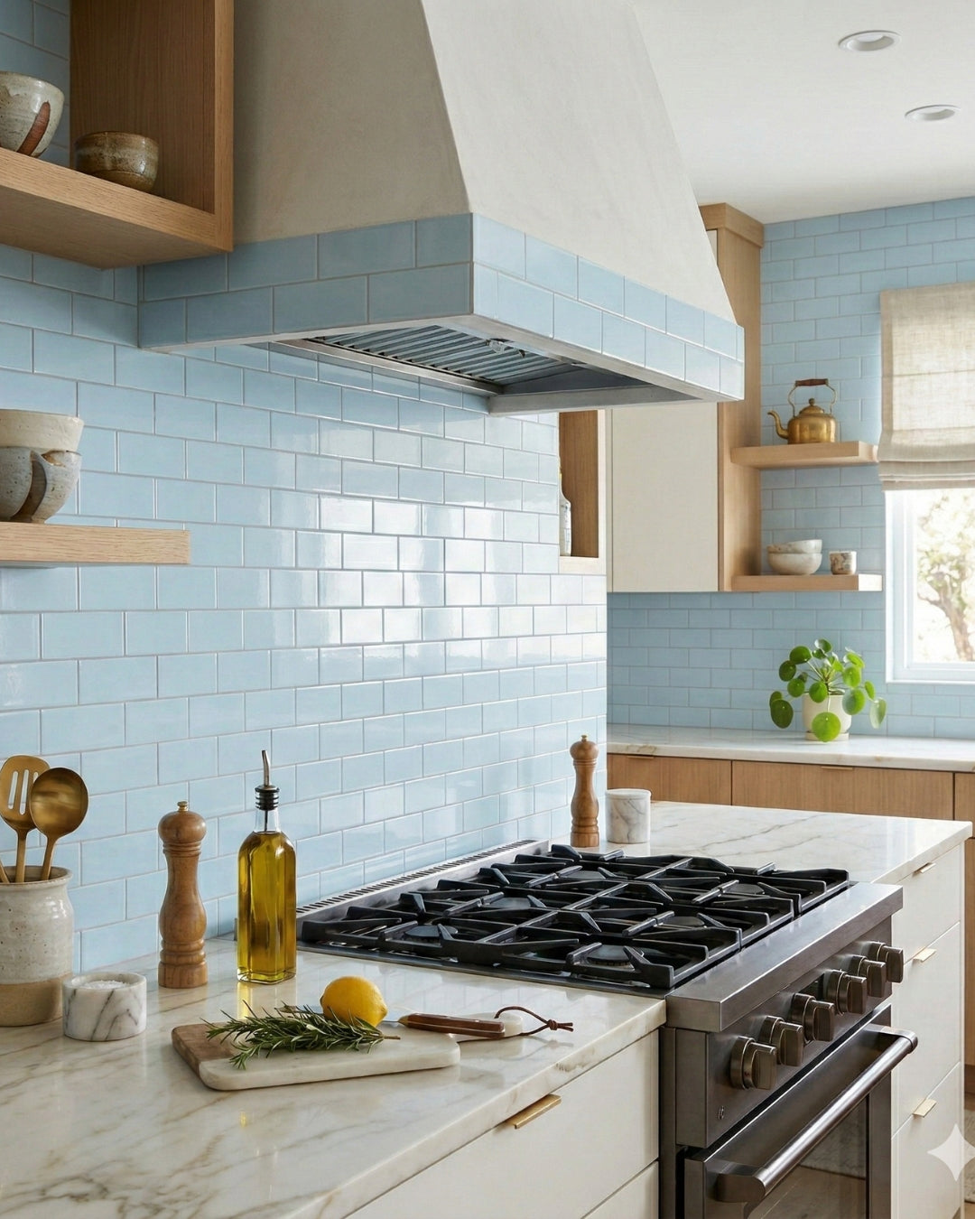 Light blue glossy subway tiles by Clay Imports as a kitchen backsplash behind a range and hood.