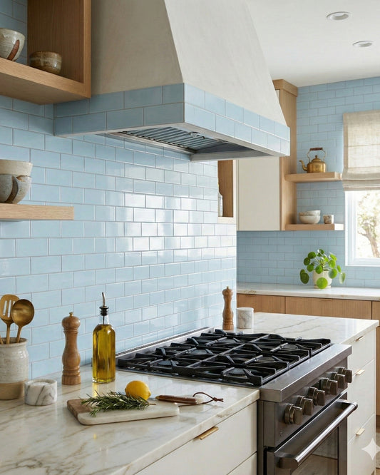 Light blue glossy subway tiles by Clay Imports as a kitchen backsplash behind a range and hood.