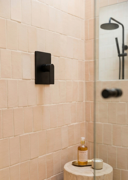Light peach rectangular clay tile by Clay Imports, installed vertically as shower walls with matte black fixtures.