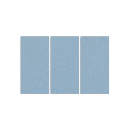 Blue clay tiles by Clay Imports, three rectangular and textured, arranged side-by-side.