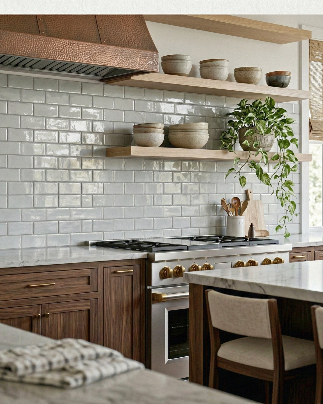 Light gray glossy subway tiles by Clay Imports installed as a kitchen backsplash with an irregular, reflective texture.