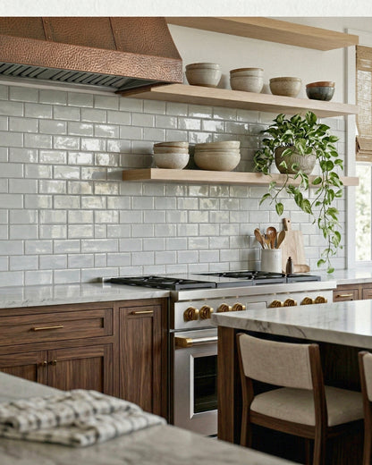 Light gray glossy subway tiles by Clay Imports installed as a kitchen backsplash with an irregular, reflective texture.
