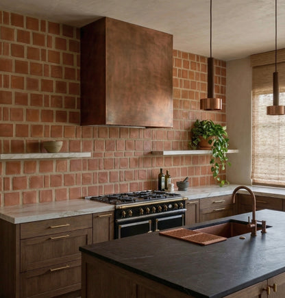 Square Umber Cotto tiles by Clay Imports forming a kitchen backsplash with visible grout.