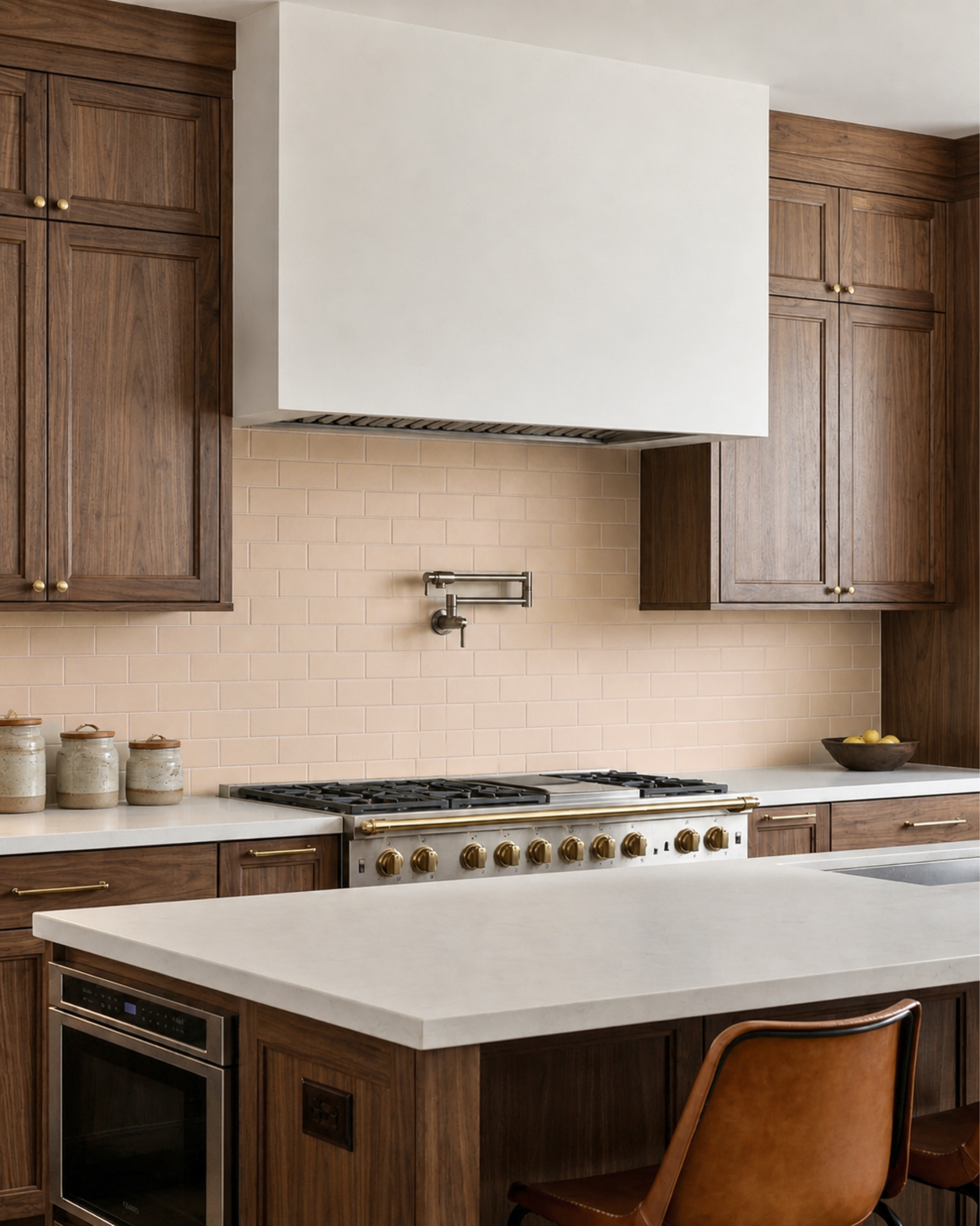 Light beige matte solid tile by Clay Imports forming a subway pattern backsplash in a modern kitchen.