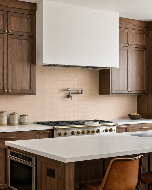 Light beige matte solid tile by Clay Imports forming a subway pattern backsplash in a modern kitchen.