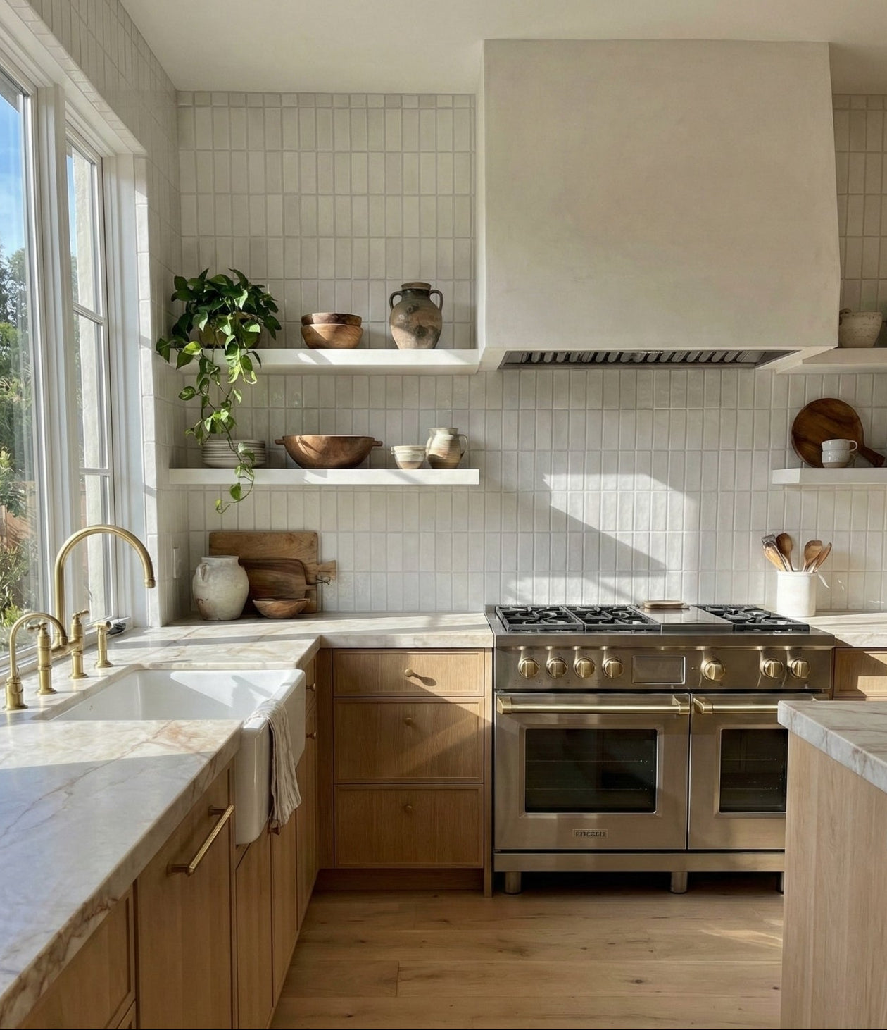 Drift Crackle Gloss Solid Tile by Clay Imports, white and rectangular, arranged vertically on a kitchen wall.