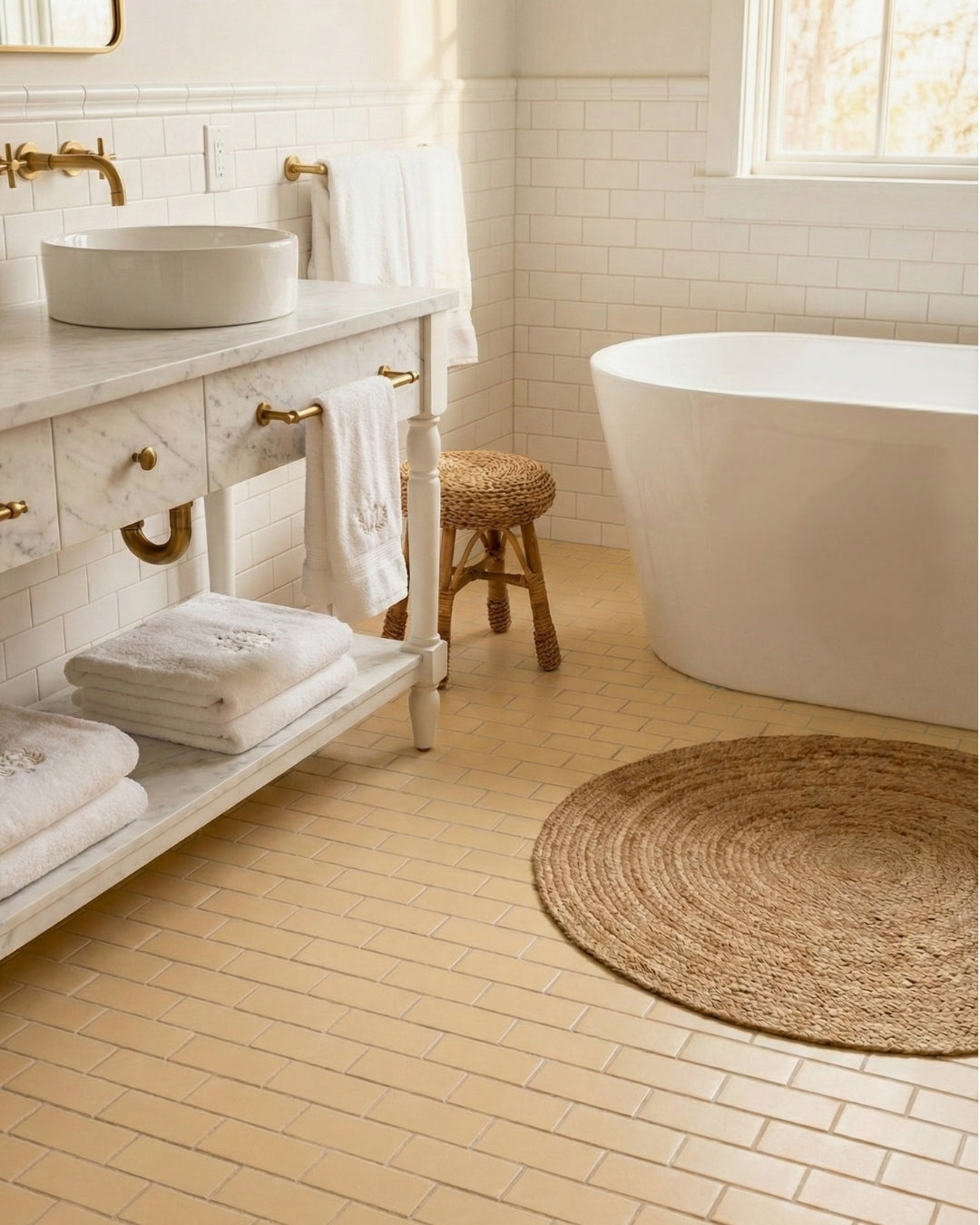 Sandbank Matte 2x5 solid tile by Clay Imports, laid in a brick pattern on a bathroom floor with a white tub.