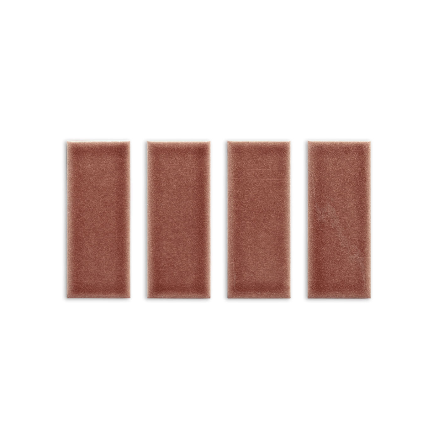 Four glossy reddish-brown rectangular tiles by Clay Imports, arranged vertically on a white background.