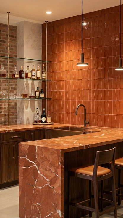 Brandy-hued tapered clay tiles by Clay Imports, arranged in a textured wall backsplash.
