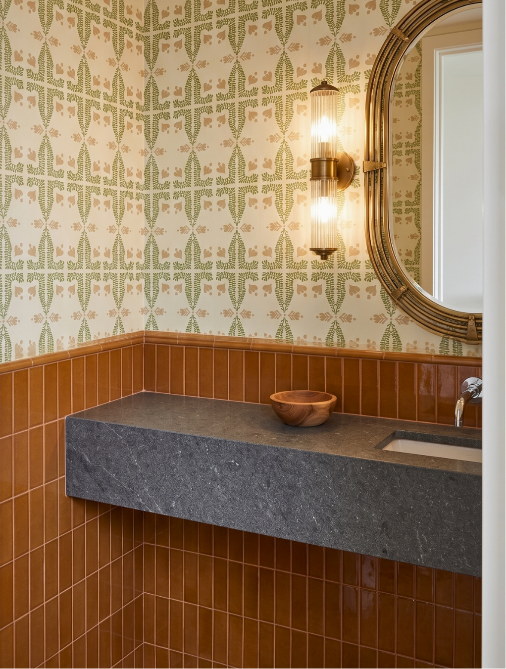 A bathroom vanity corner with patterned wallpaper, warm brown tile wainscoting, a dark floating stone countertop, a wooden bowl, and a round mirror with a gold frame.