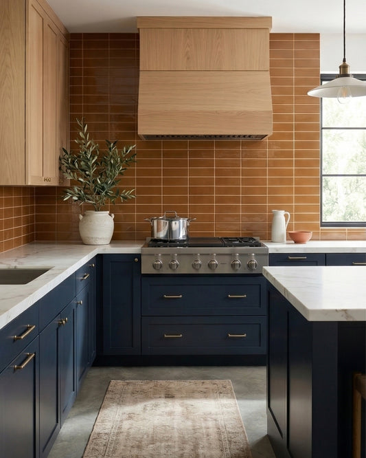 Cajeta-colored glossy 2x6 solid tile by Clay Imports, in a horizontal subway pattern on a kitchen wall.