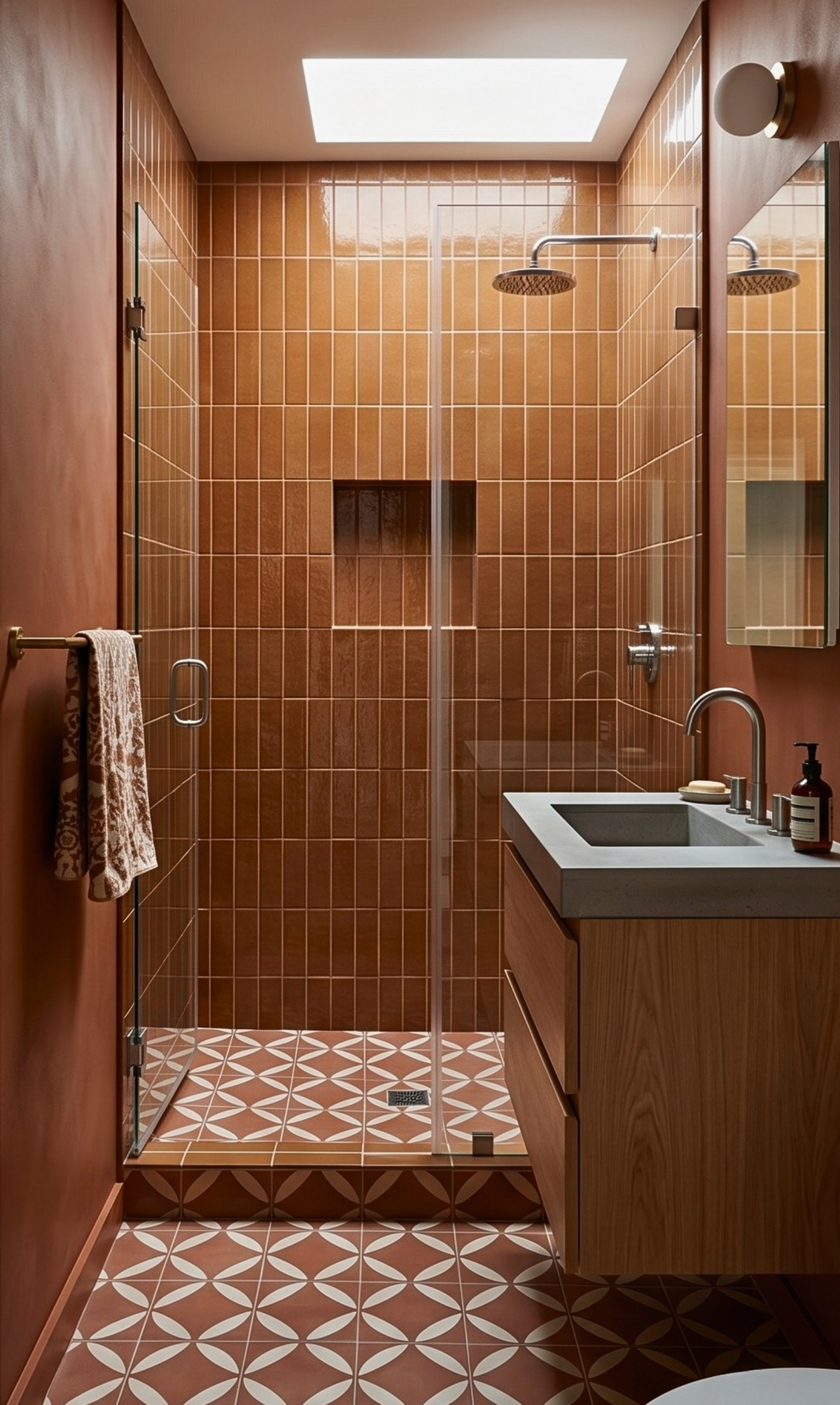 Modern bathroom with tiled walls, shower, sink, and patterned floor.