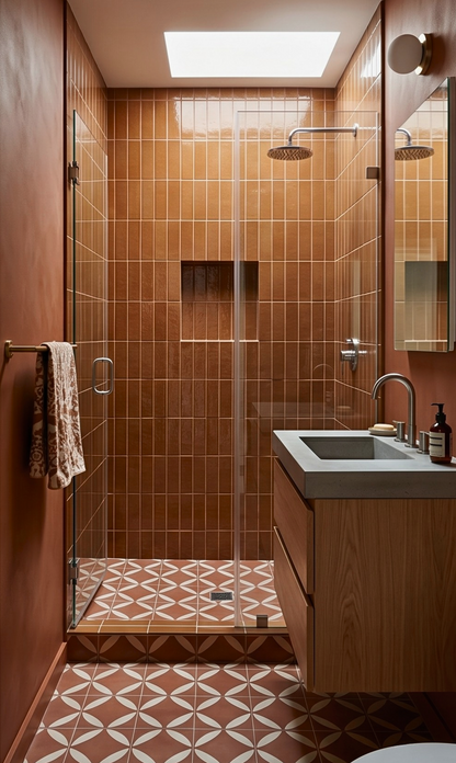 Modern bathroom with tiled walls, shower, sink, and patterned floor.