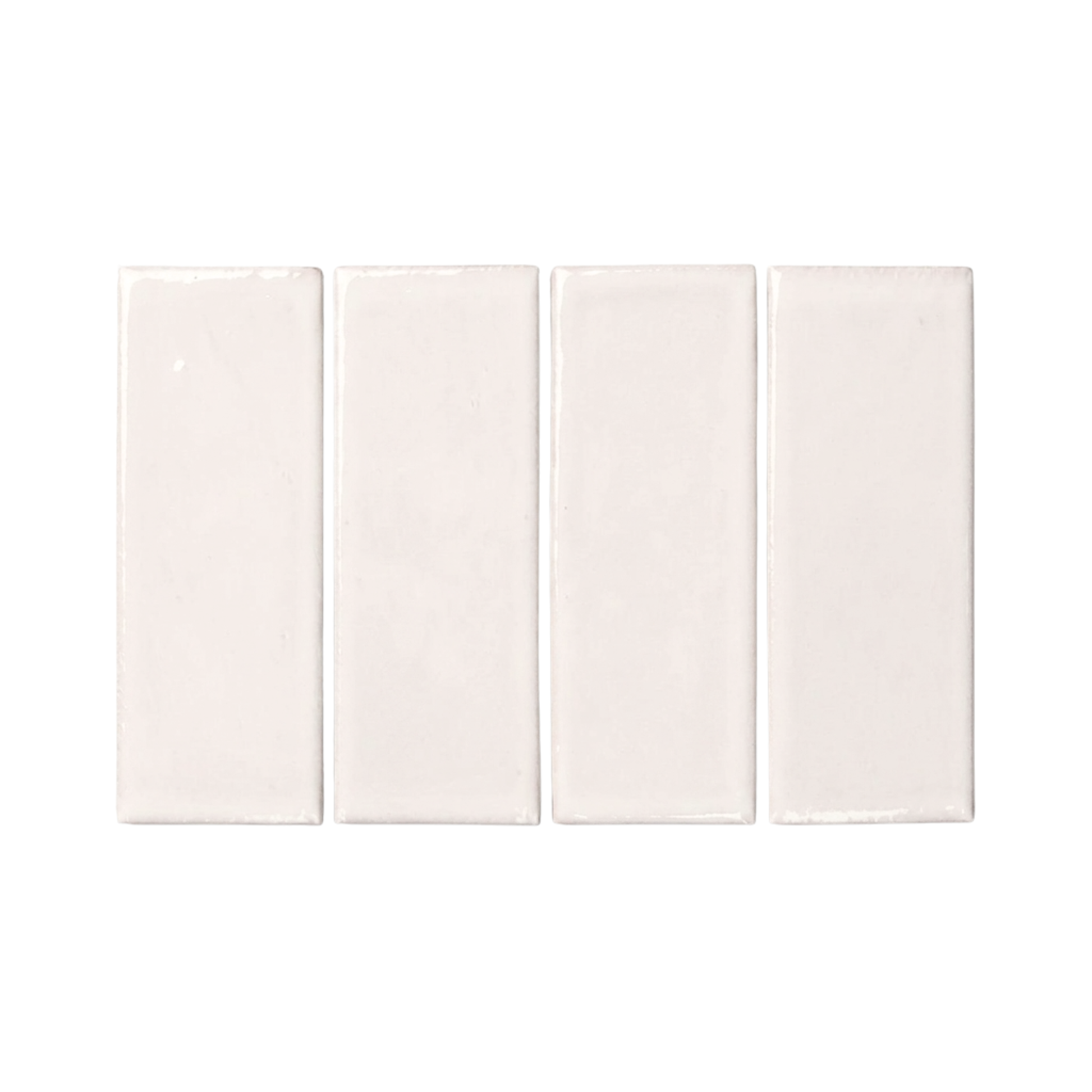 Four light off-white rectangular clay tiles by Clay Imports, arranged in a row, showing glossy, slightly textured surfaces.