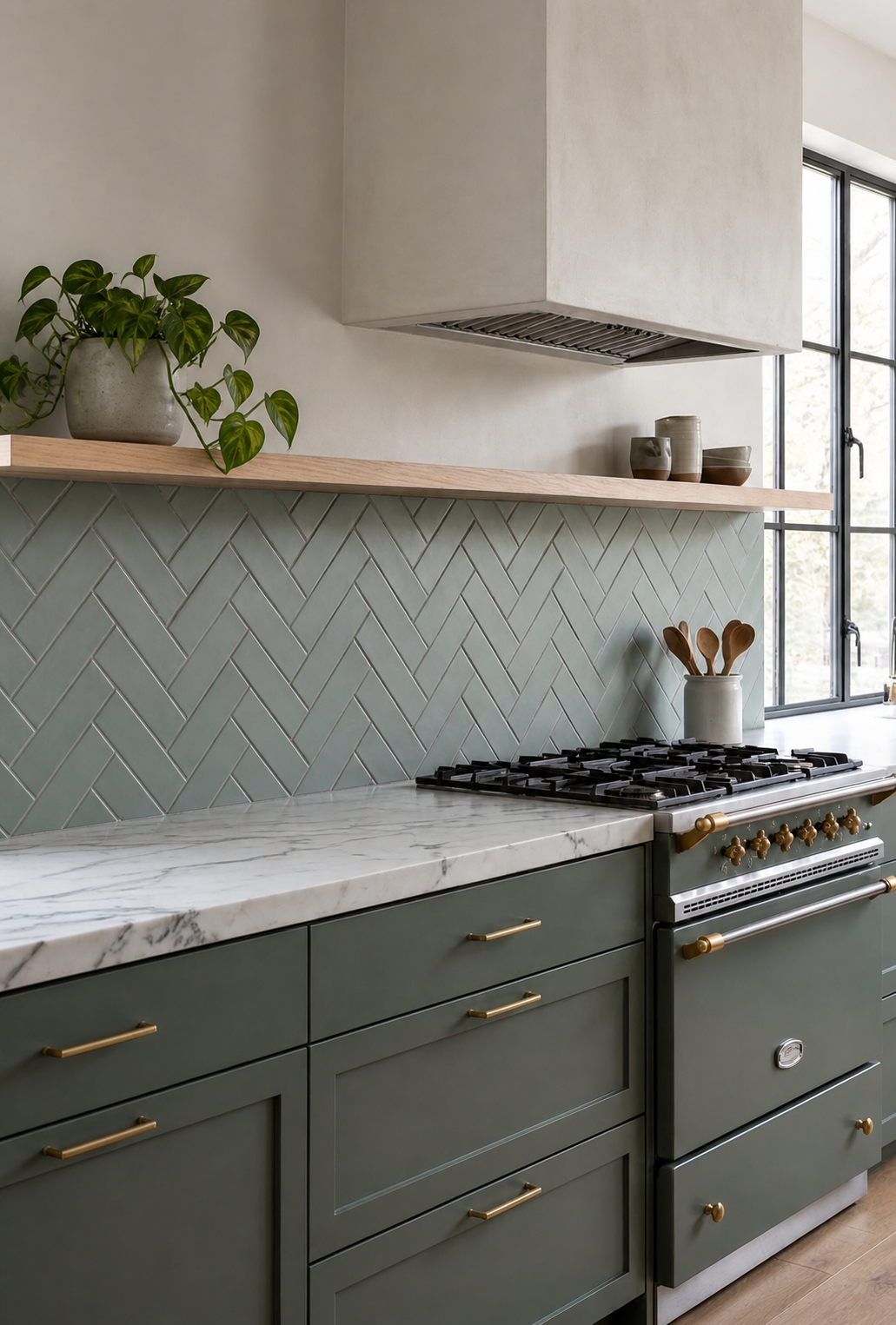 Light green Hot Spring 2x6 clay tiles by Clay Imports, installed in a herringbone kitchen backsplash.