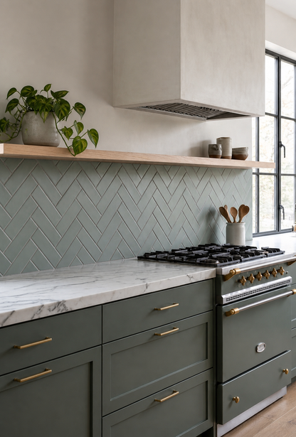 Light green Hot Spring 2x6 clay tiles by Clay Imports, installed in a herringbone kitchen backsplash.