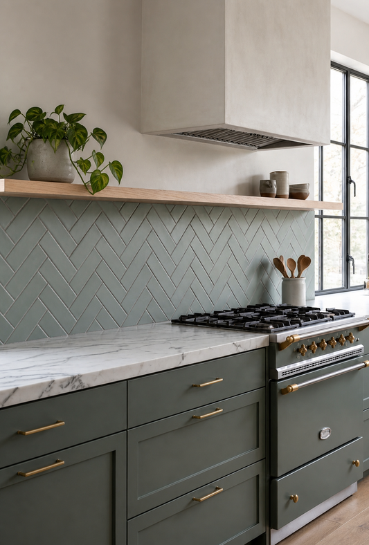 Light green Hot Spring 2x6 clay tiles by Clay Imports, installed in a herringbone kitchen backsplash.