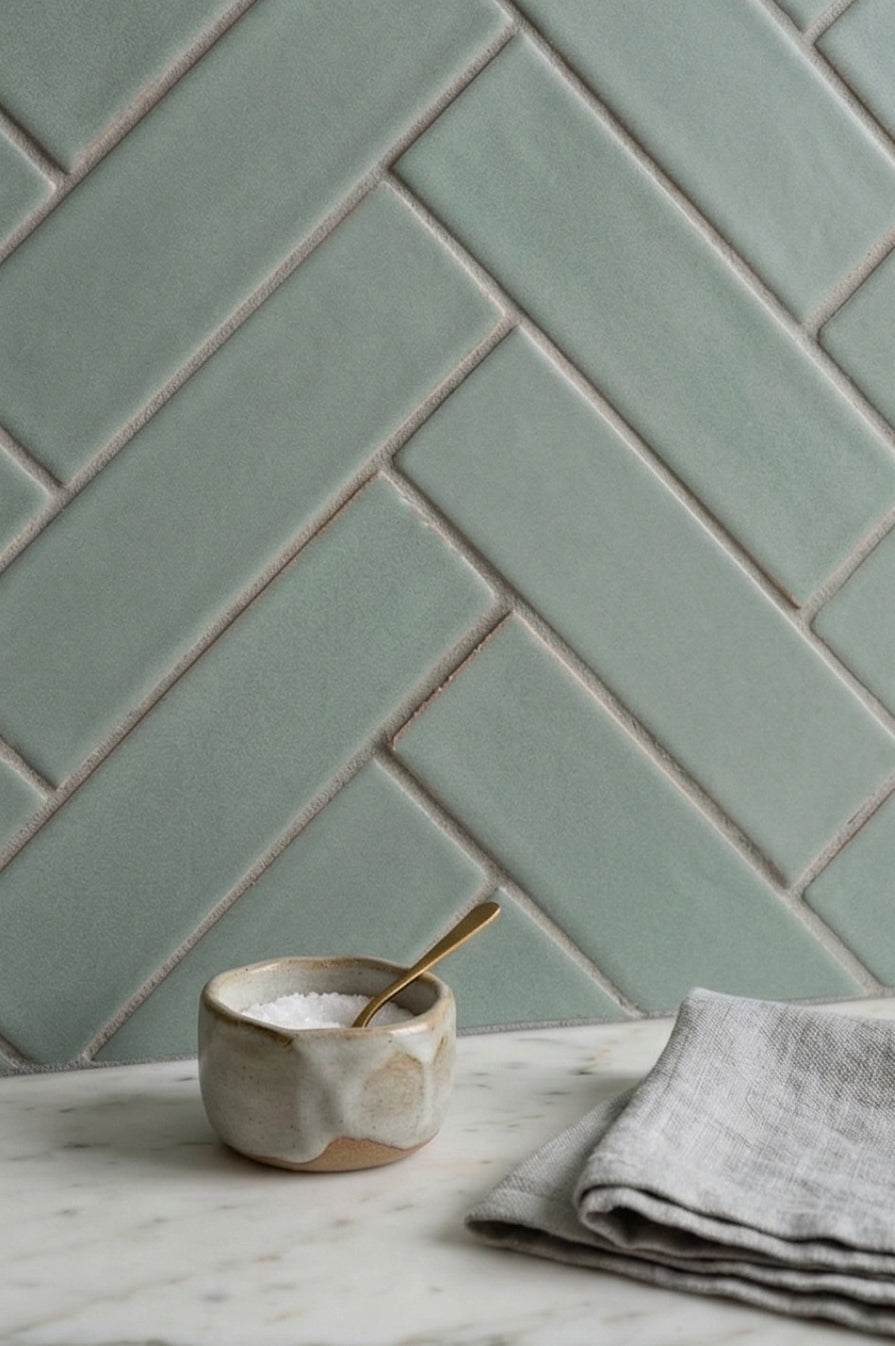 Sage green rectangular clay tiles by Clay Imports in a herringbone pattern, styled with a salt cellar and linen napkin on marble.