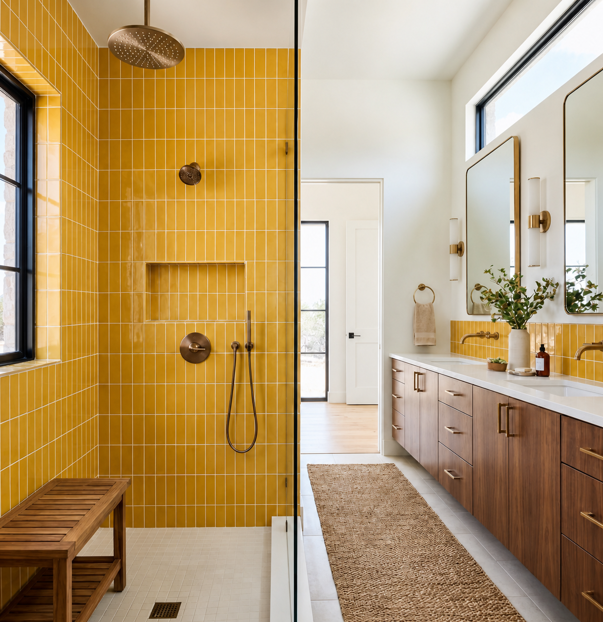 Yellow 2x6 solid tile by Clay Imports, installed vertically in a modern bathroom shower and vanity.