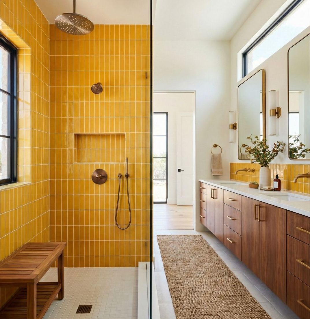 Yellow 2x6 solid tile by Clay Imports, installed vertically in a modern bathroom shower and vanity.