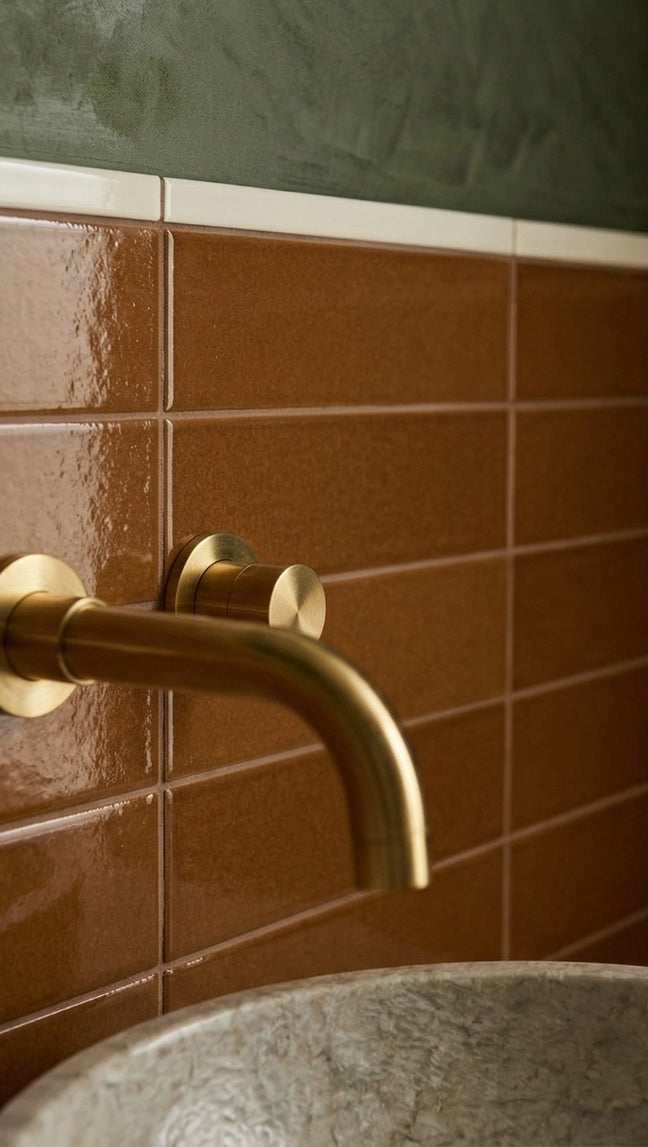Brown glossy solid tile Fossil Box Liner 6" by Clay Imports, installed above a brass faucet and textured stone sink.