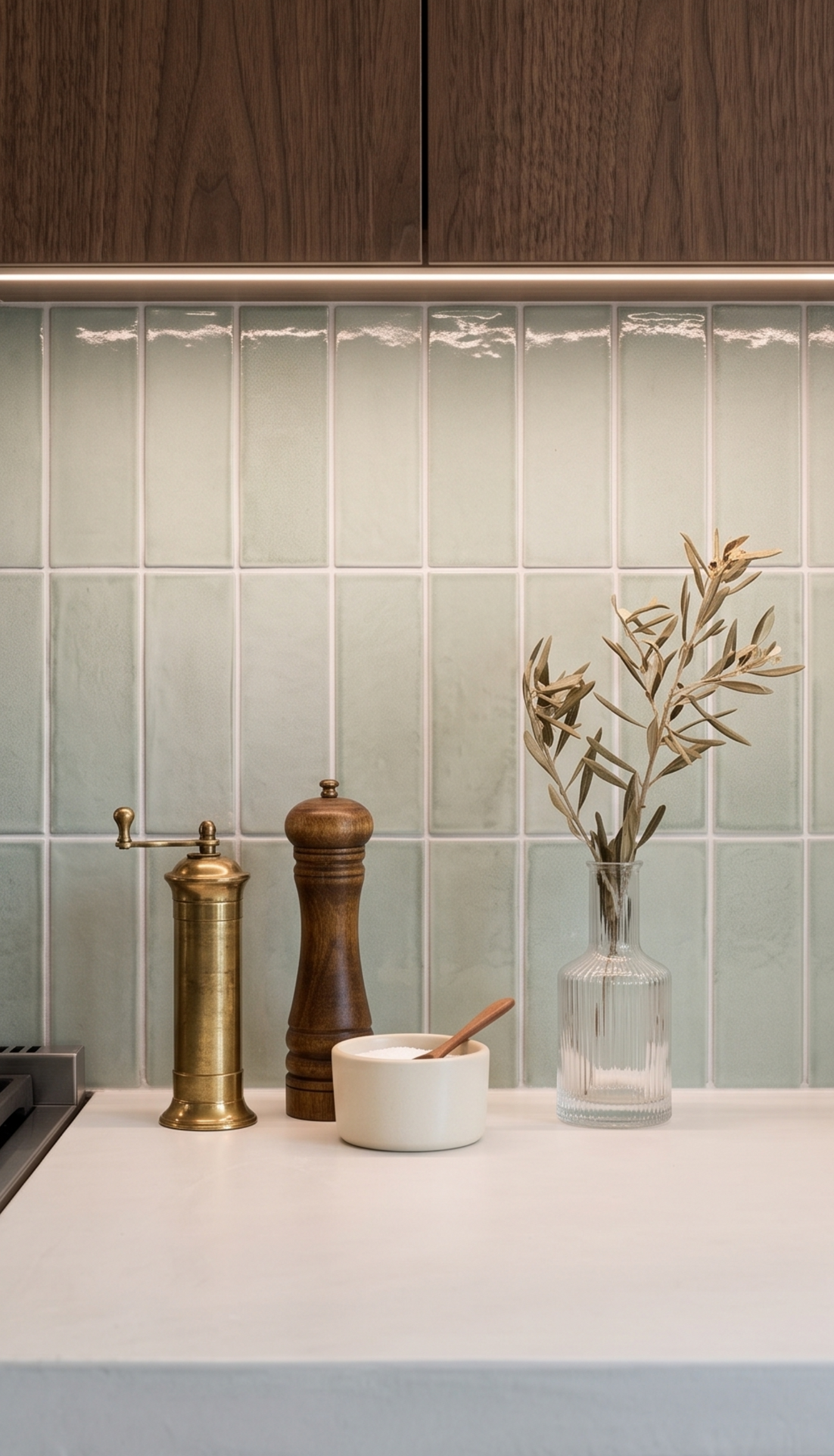A close-up of a kitchen countertop featuring a light green tiled backsplash, dark wood cabinets, a brass and wood pepper mill set, a small white bowl, and a clear glass vase with dried branches.