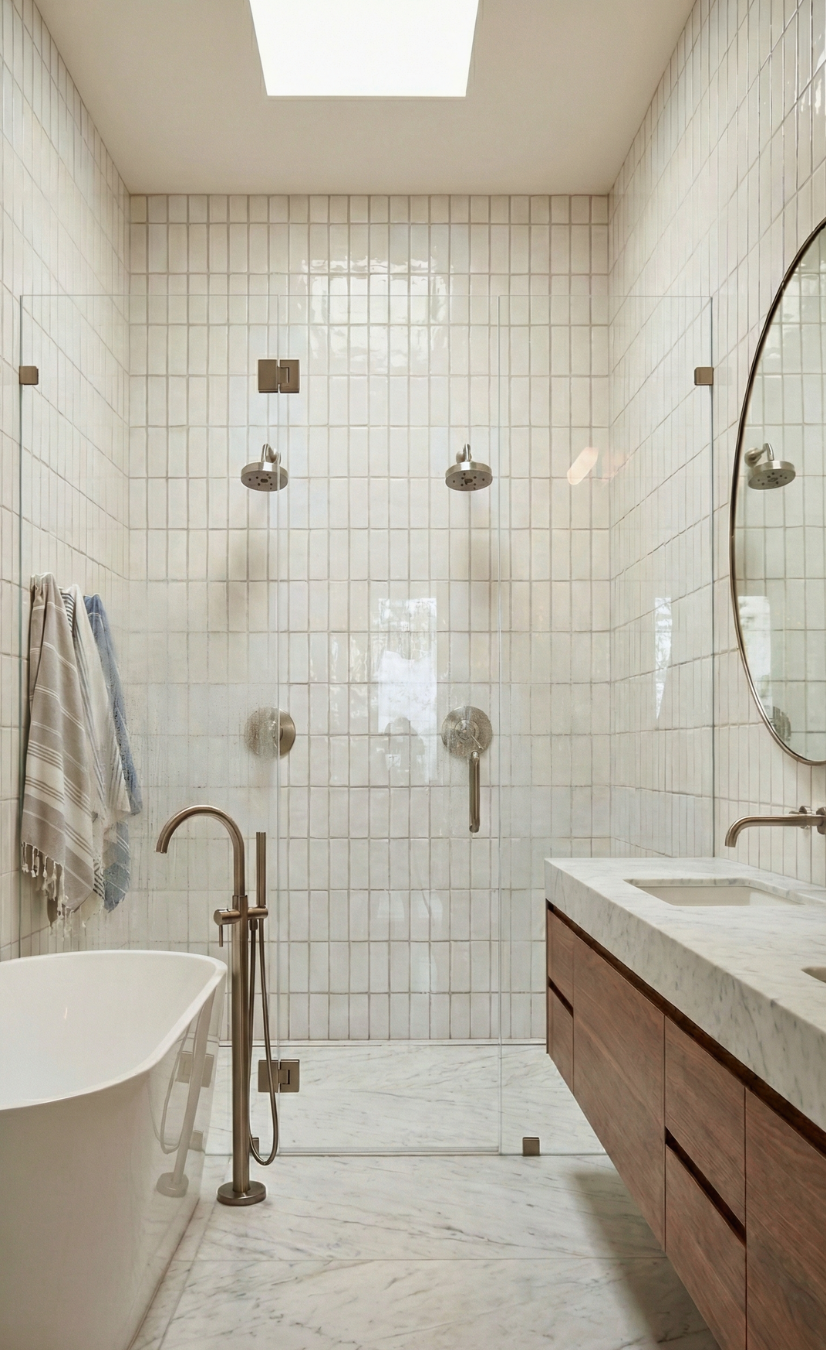 Perla Gloss 2x6 tiles by Clay Imports, arranged vertically with a light, subtly textured glossy finish.