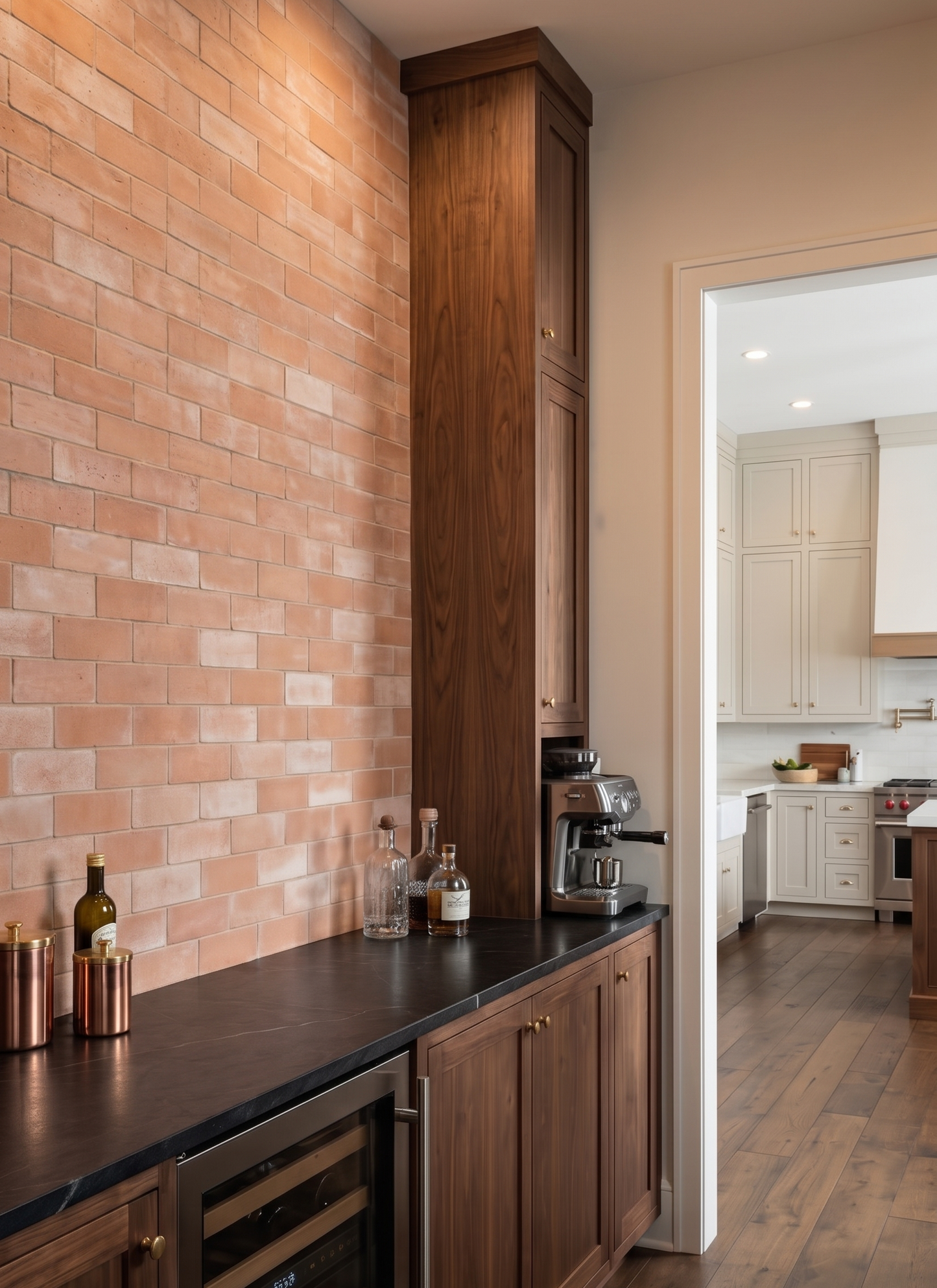 Solana Matte terracotta 2x6 tiles by Clay Imports, arranged in a brick pattern on a wall in a modern kitchen setting.