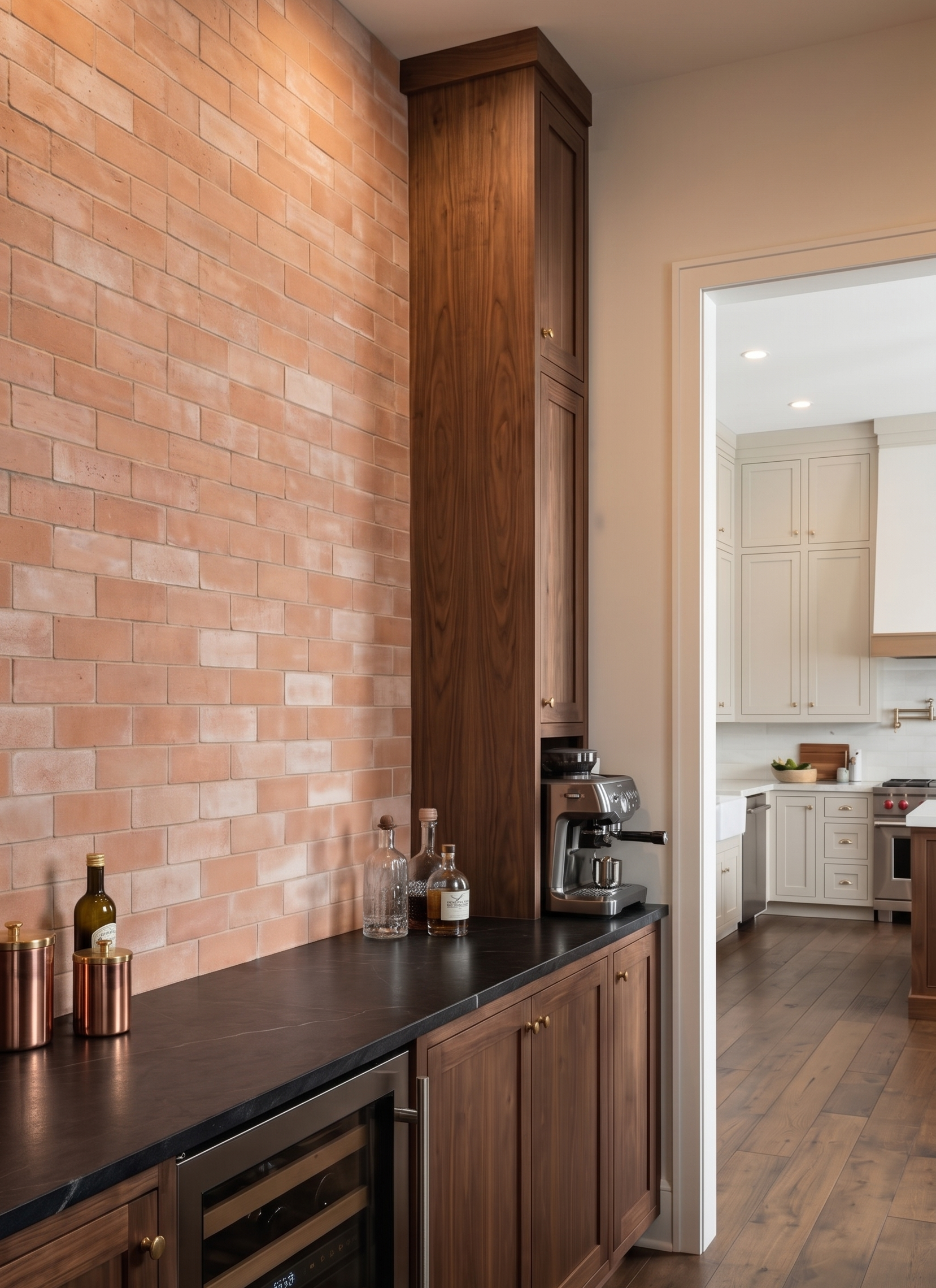 Solana Matte terracotta 2x6 tiles by Clay Imports, arranged in a brick pattern on a wall in a modern kitchen setting.