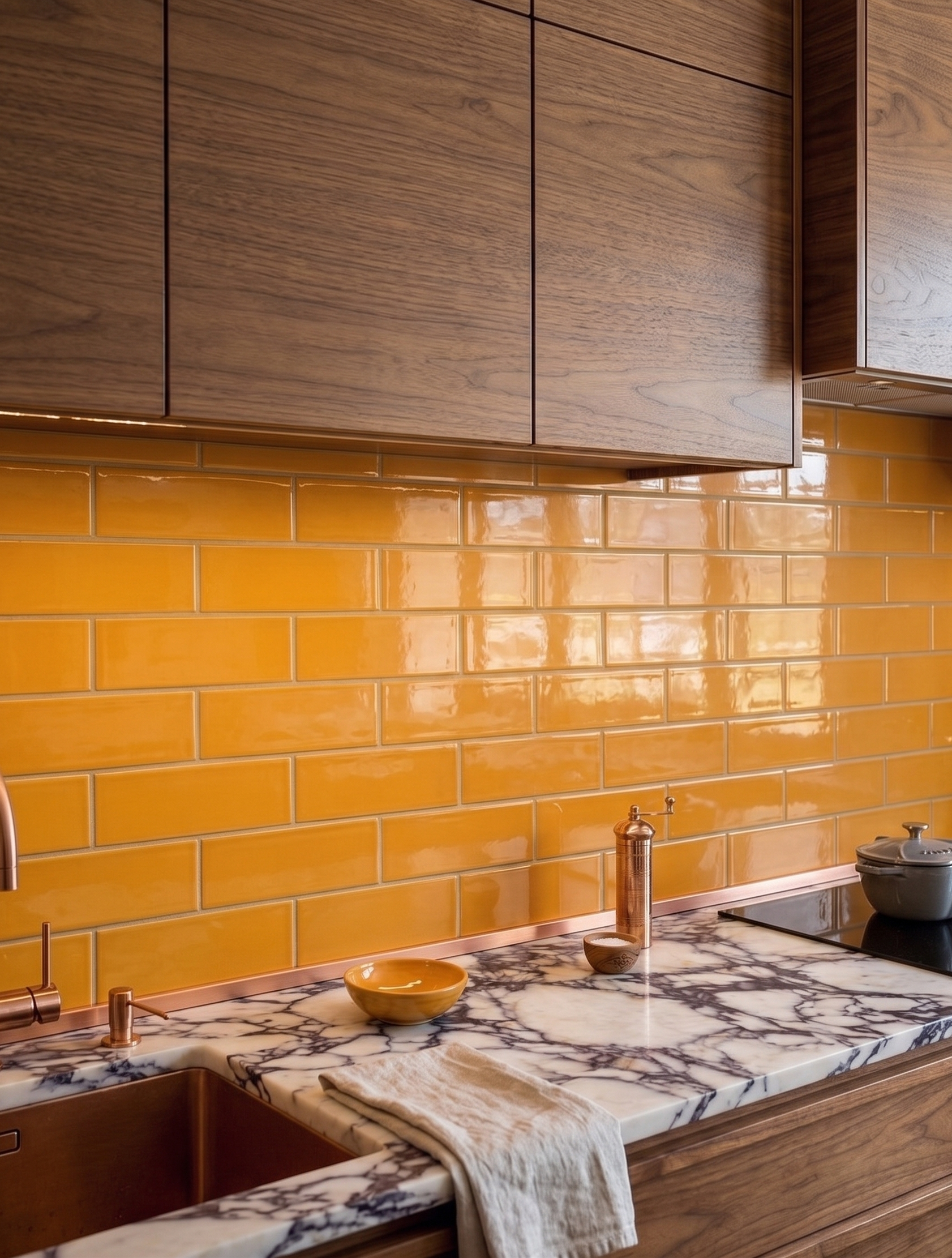 Glossy Marigold 2x6 Solid Tile by Clay Imports set in a subway pattern as a kitchen backsplash above a marble countertop.