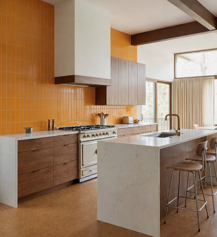 Marigold 2x6 solid tile by Clay Imports covering a kitchen wall in a modern kitchen with wooden cabinets and a large island.