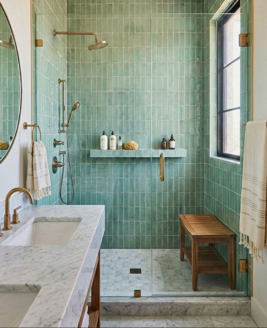 Varied greenish-blue 2x6 solid tile by Clay Imports arranged vertically on a shower wall in a modern bathroom.