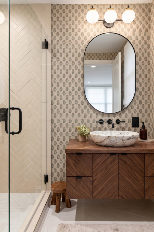 A modern bathroom vanity featuring a dark wood chevron cabinet, a white marble vessel sink, and a large oval mirror. The wall behind the vanity is covered in beige patterned wallpaper, and a glass shower enclosure is visible on the left.