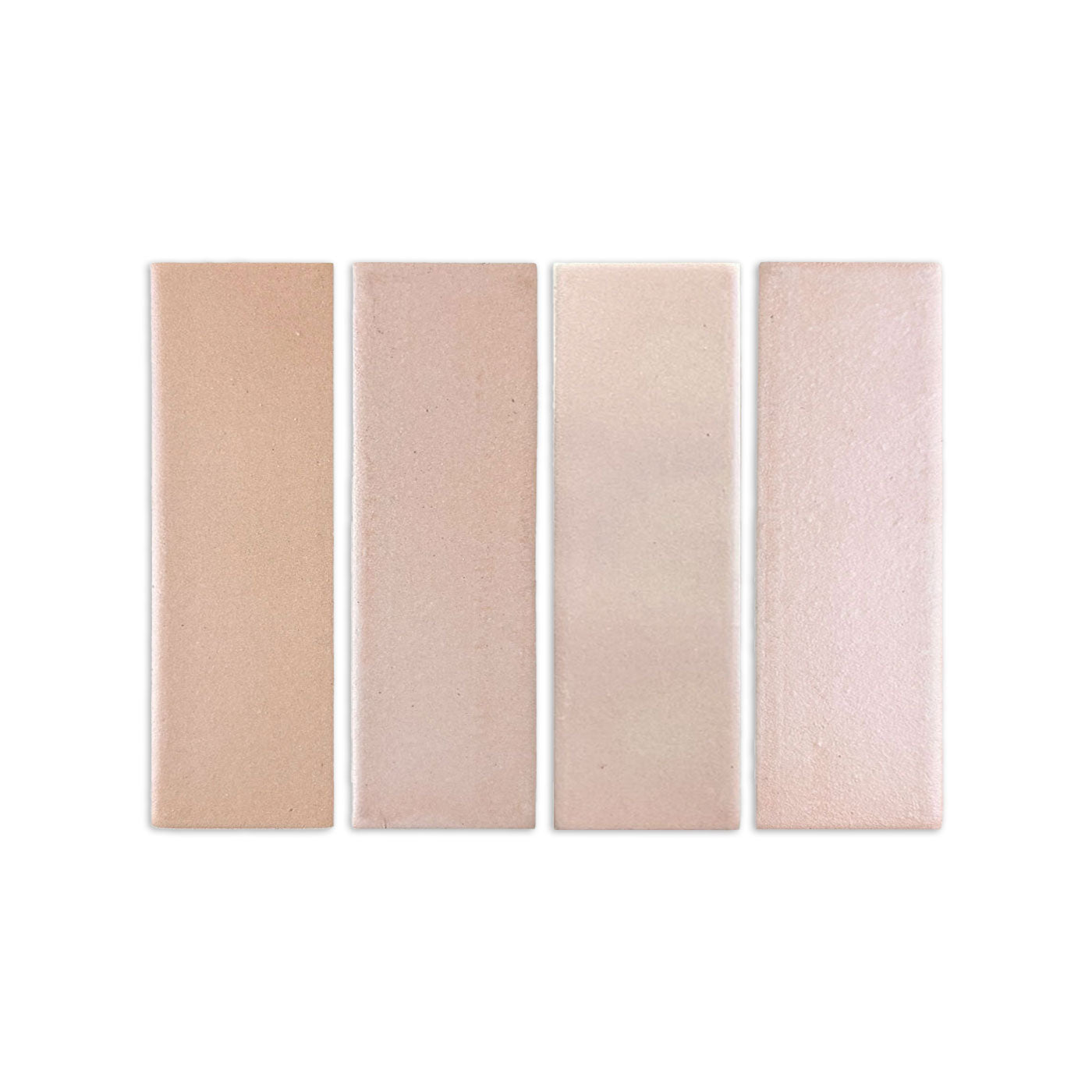 Four rectangular Opaque Clay tiles with a matte texture in varying nude to pink shades by Clay Imports, displayed side-by-side on a white background.