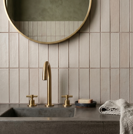 Bathroom sink with gold faucet and round mirror on tiled wall