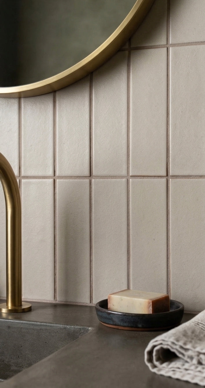 Pearl Snap 2x6 solid tile by Clay Imports in a vertical stack pattern with subtle texture and dark grout, above a concrete sink and brass faucet.