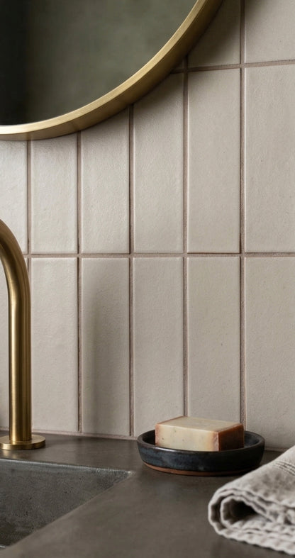 Pearl Snap 2x6 solid tile by Clay Imports in a vertical stack pattern with subtle texture and dark grout, above a concrete sink and brass faucet.
