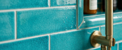 Turquoise subway clay tile by Clay Imports with a crackle finish, white grout lines, water droplets, and a brass shower fixture.