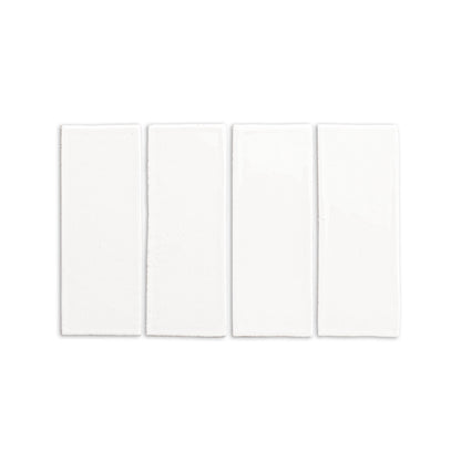 Four white 2x6 glossy tiles by Clay Imports, arranged horizontally with subtle texture on the edges.