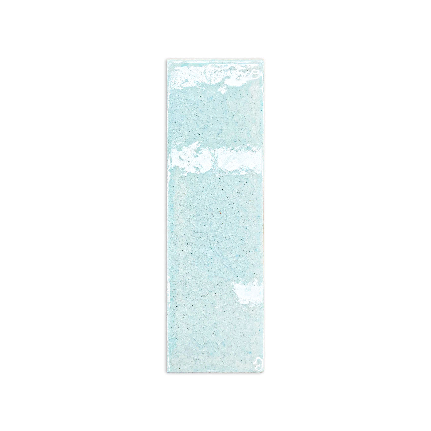 Light blue crackle-glazed rectangular clay tile with white accents, front view, textured surface, 2x6 inch size