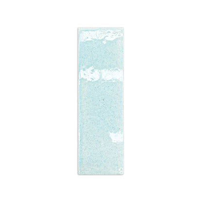 Light blue crackle-glazed rectangular clay tile with white accents, front view, textured surface, 2x6 inch size