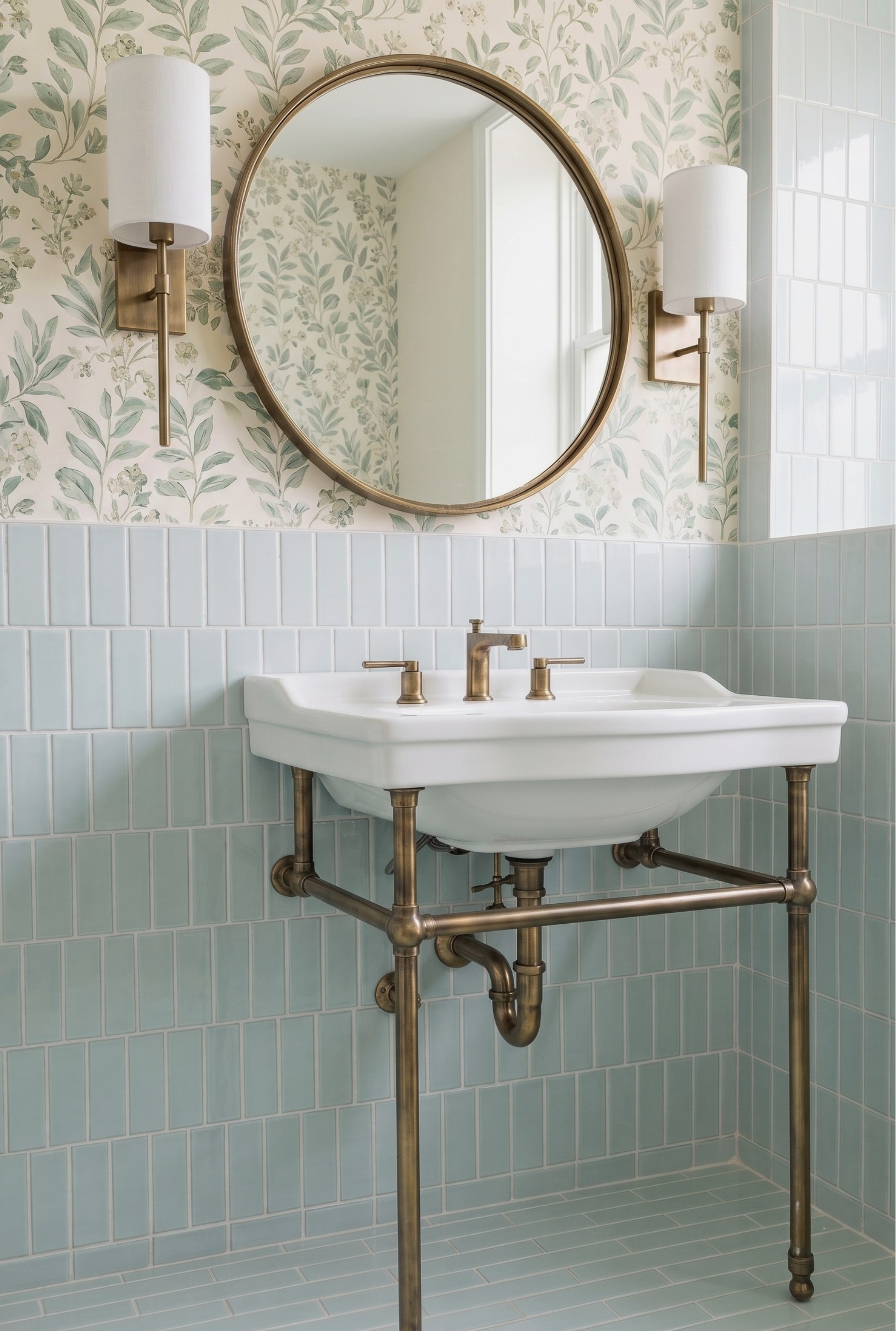 A vintage-style white ceramic pedestal sink with an industrial brass pipe frame, set against a light blue subway tile wall and a green floral wallpaper. A round gold-framed mirror and two brass sconces are mounted on the wall above.