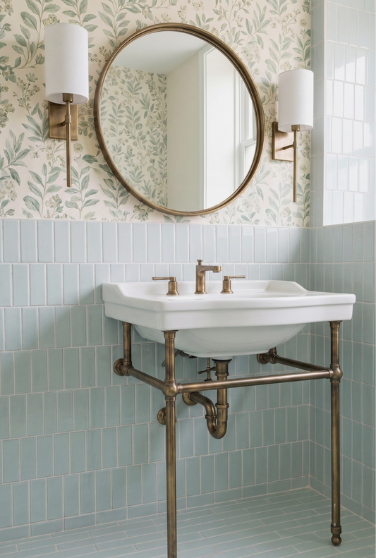 A vintage-style white ceramic pedestal sink with an industrial brass pipe frame, set against a light blue subway tile wall and a green floral wallpaper. A round gold-framed mirror and two brass sconces are mounted on the wall above.