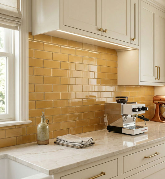 Glossy mustard yellow clay tiles from Clay Imports arranged in a subway pattern as a kitchen backsplash.