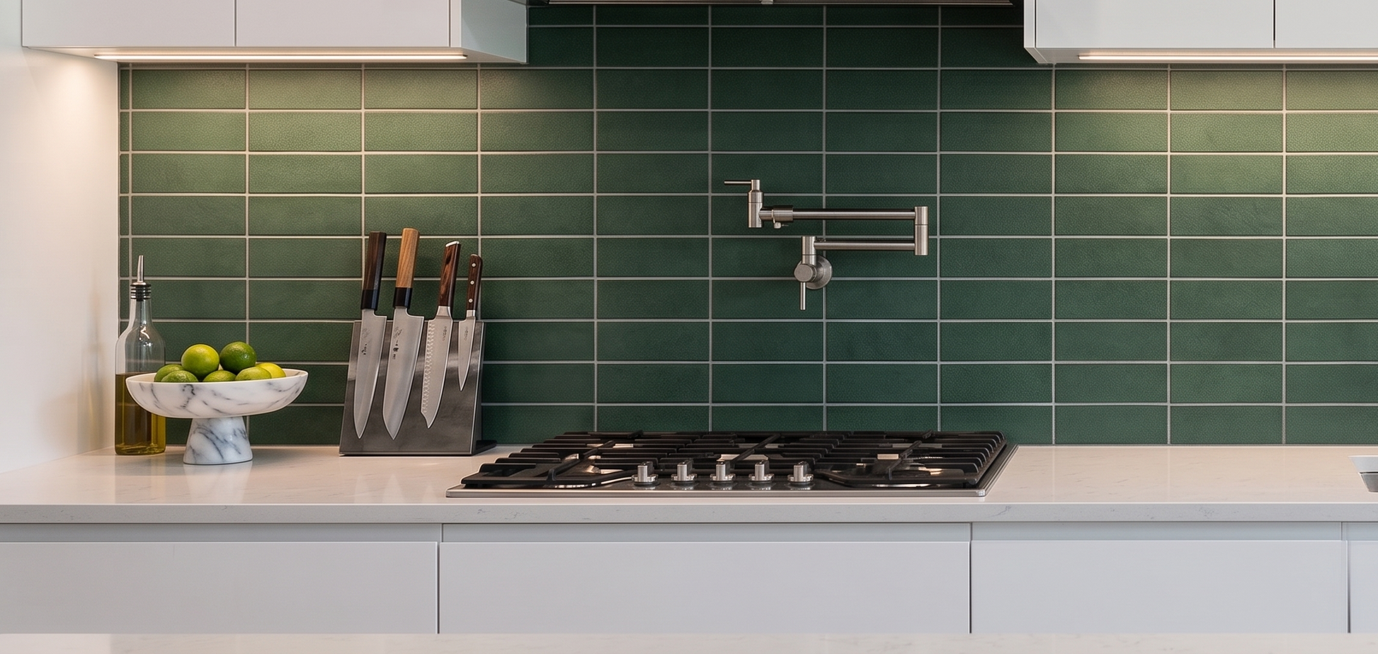 A modern kitchen scene with glossy green subway tiles on the backsplash, white cabinetry, a black gas cooktop, a stainless steel faucet, and countertop accessories including a knife block, bowl, and bottle.