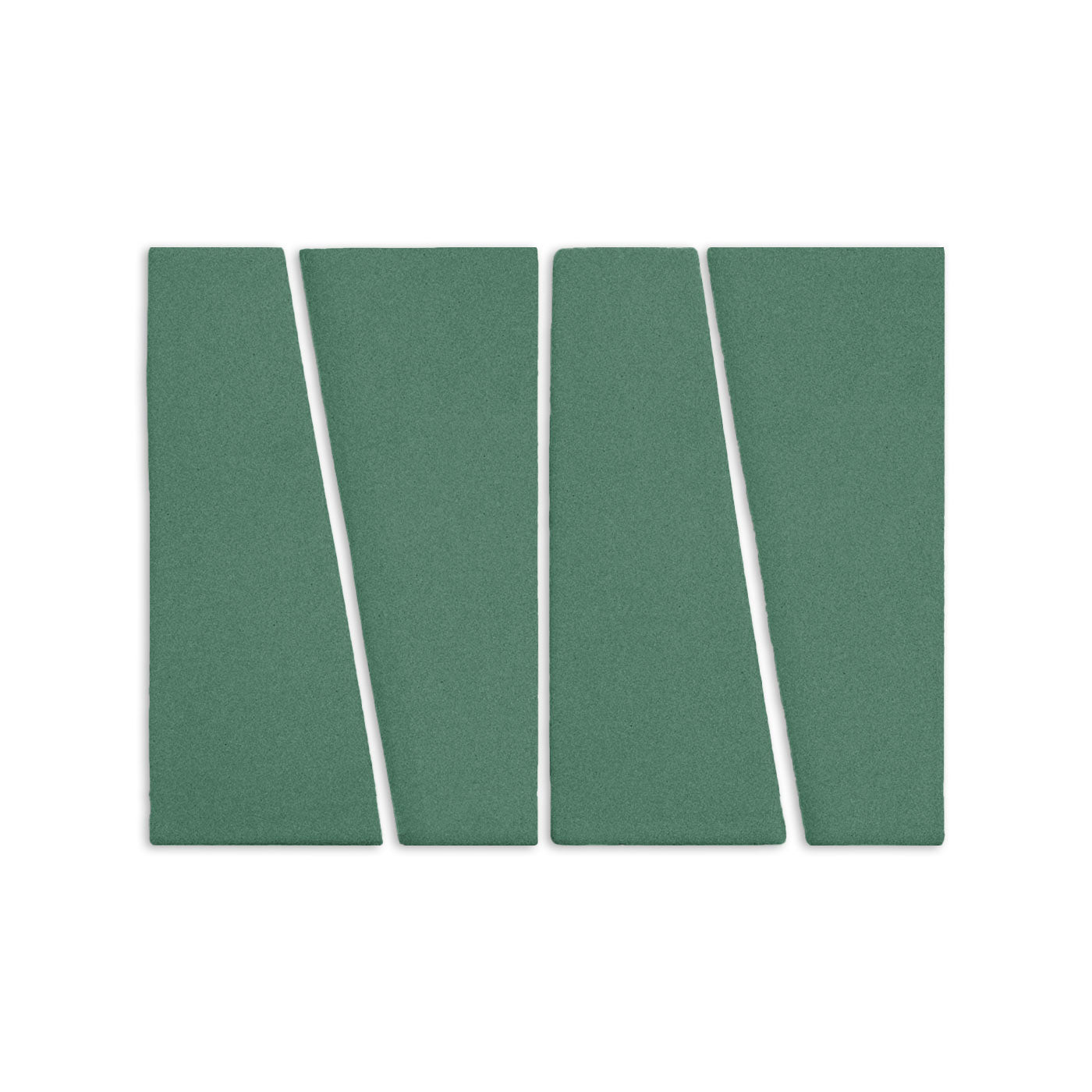 Four Cilantro green, textured Trumpet clay tiles by Clay Imports, arranged with diagonal cuts.